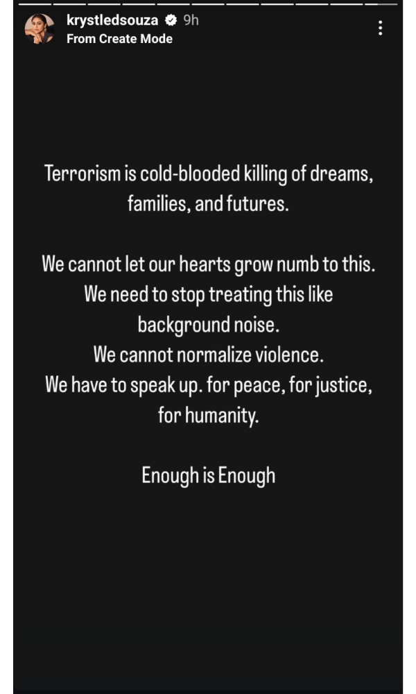 Krystle D Souza Reacts to Pahalgam Kashmir Terror Attack