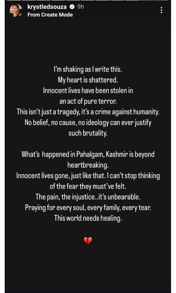 Krystle D Souza Reacts to Pahalgam Kashmir Terror Attack