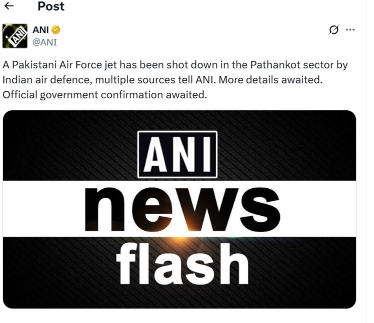 Pakistani Air Force jet shot down: ANI Report