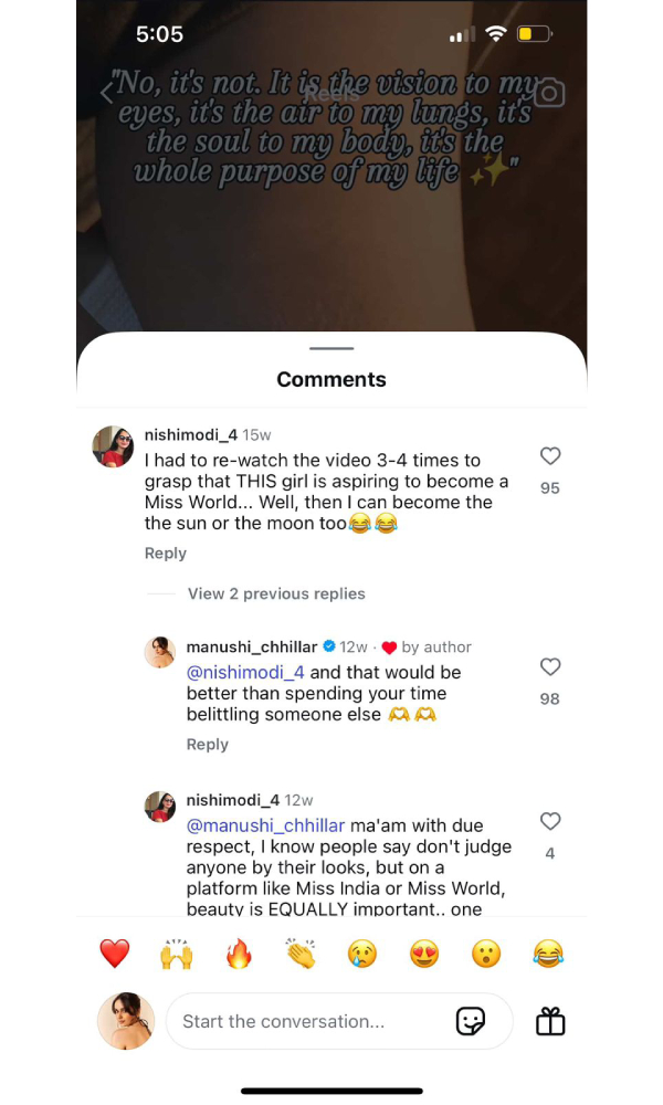 Miss World Manushi Chhillar Shuts Down Troll Who Mocked