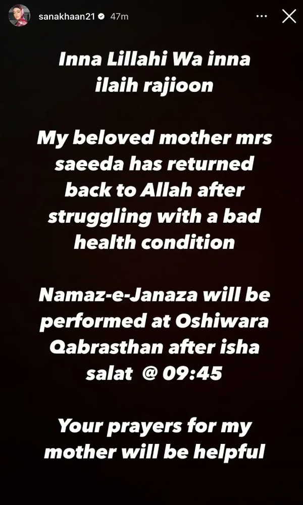 Bigg Boss Star Sana Khan s Mother Passes Away