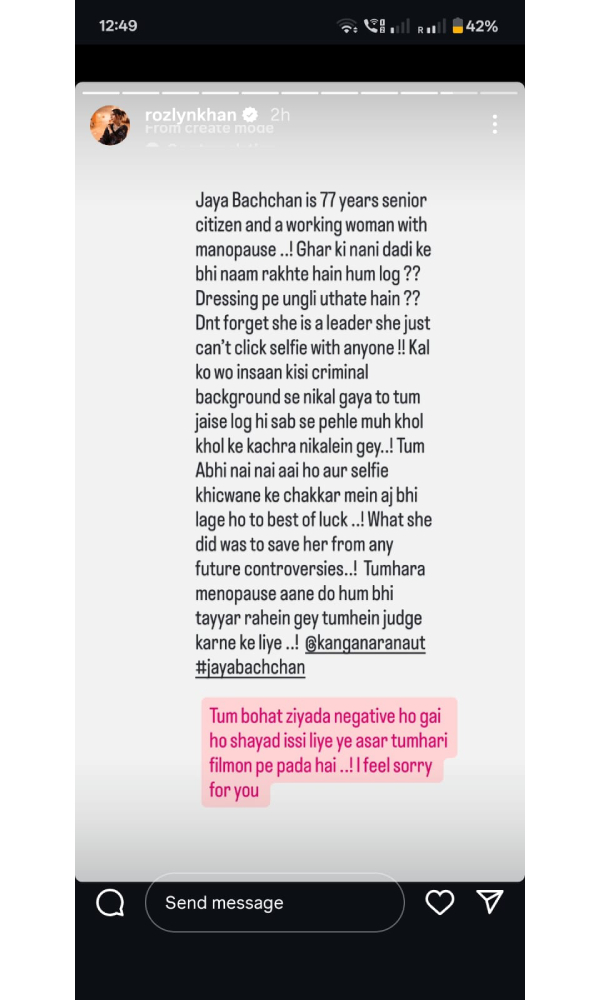 Rozlyn Khan Backs Jaya Bachchan Slams Kangana Ranaut Rozlyn Khan Backs Jaya Bachchan Slams Kangana Ranaut