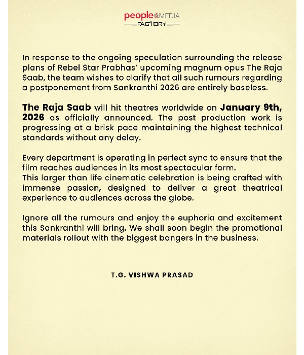 Makers Of The Raja Saab Shut Down Delay Rumours Makers Of The Raja Saab Shut Down Delay Rumours