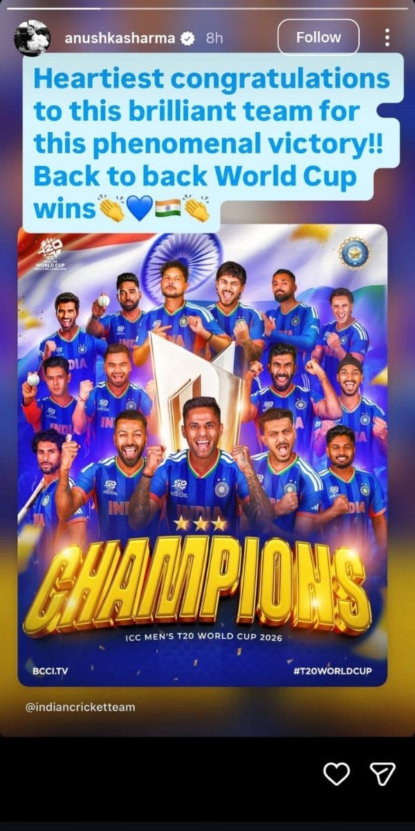 Anushka Sharma Reacts To India s T20 World Cup 2026 Victory