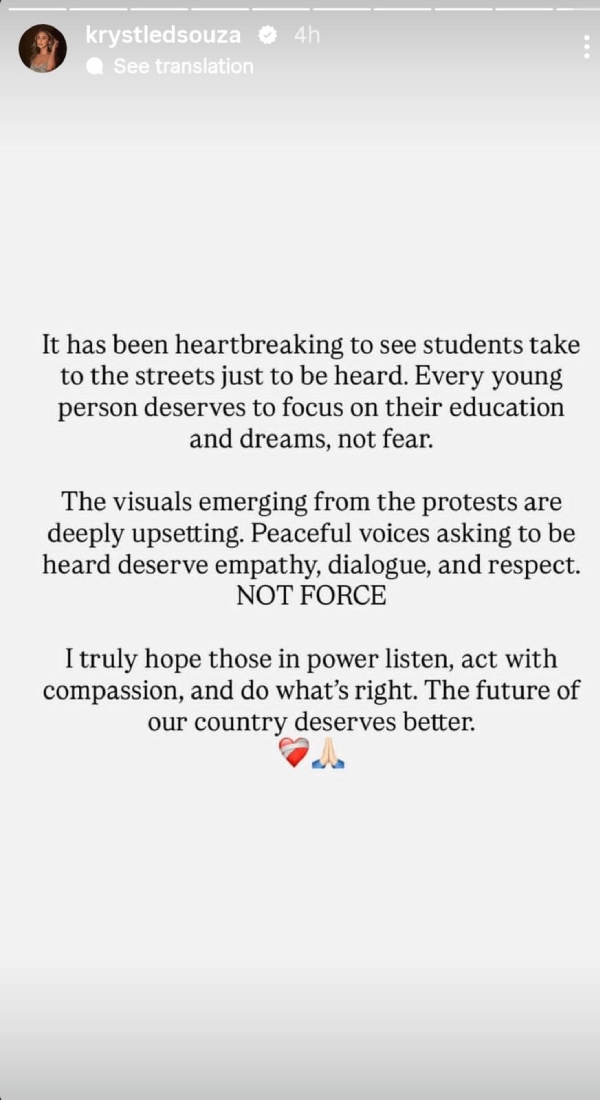 Krystle D Souza Voices Concern Over Student Protest Krystle D Souza Voices Concern Over Student Protest