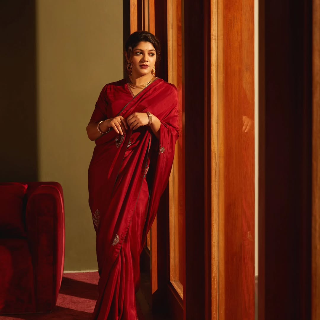 Cherry Red Satin Silk Saree