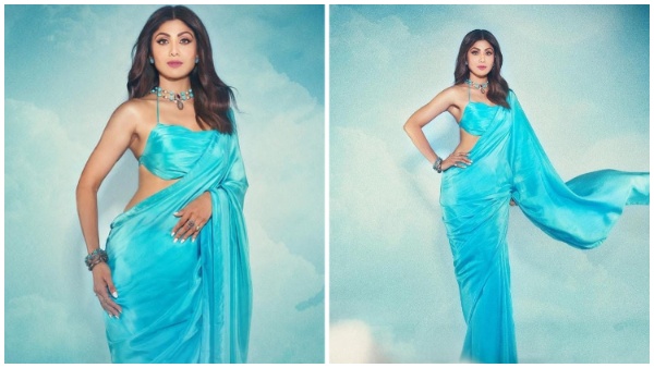 शिल्पा का कहर स्काई ब्लू साड़ी में