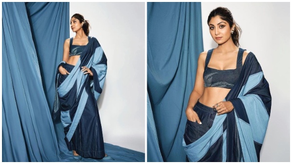 ब्लू साड़ी में शिल्पा का अंदाज