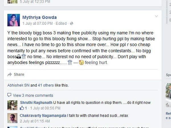 Bigg Boss 3 is bloody fixing show : Mythriya Gowda