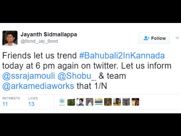 Twiter Campaign for Baahubali 2 dubbing in Kannada Twiter Campaign for Baahubali 2 dubbing in Kannada