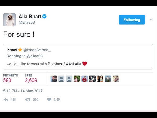 Alia Bhatt wants to work with tollywood actor Prabhas