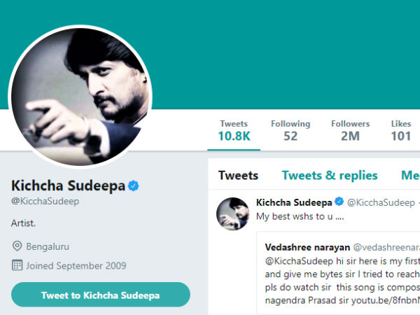 Kiccha Sudeep have 2 million followers in his twitter account. 