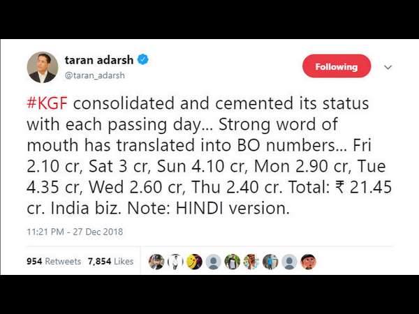 KGF Hindi version collection day 7