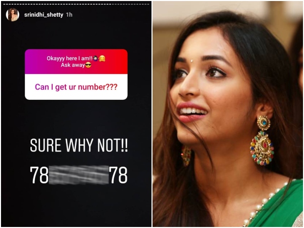 srinidhi shetty gave mobile number to her unknown fan