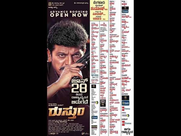 shiva rajkumars rustum movie cutout in santhosh theatre