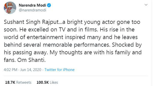 Prime Minister Narendra Modi Mourns To Sushant Singh Death