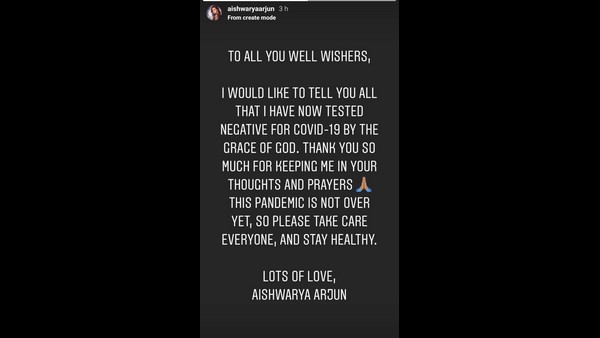 Arjun Sarjas Daughter Aishwarya Arjun Tests Negative For Coronavirus