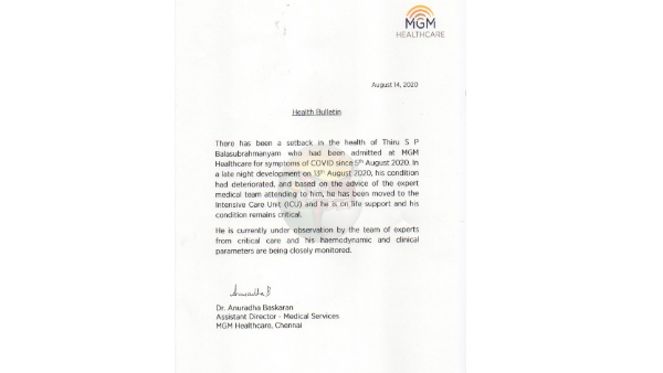 Singer SP Balasubrahmanyam diagnosed with COVID-19 is critical, on Life Support