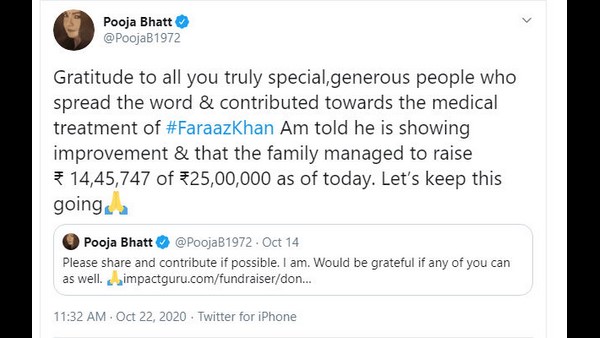Pooja Bhatt Said that Faraaz Khan Health is showing improvement