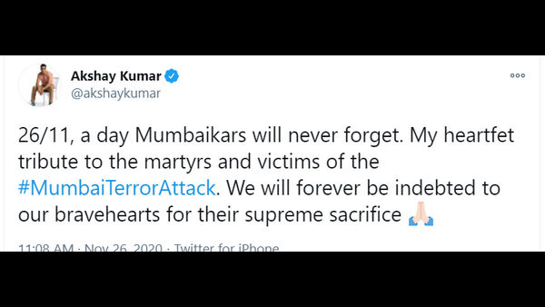 Akshay Kumar Pays Tribute to 26/11 Martyrs and Victims on 12th anniversary of attack