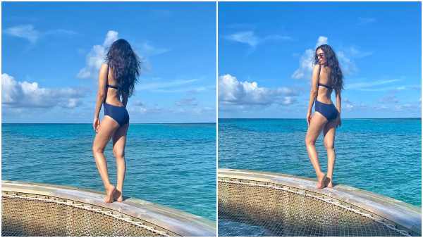 Manushi chhillar poses in a blue bikini in the Maldies