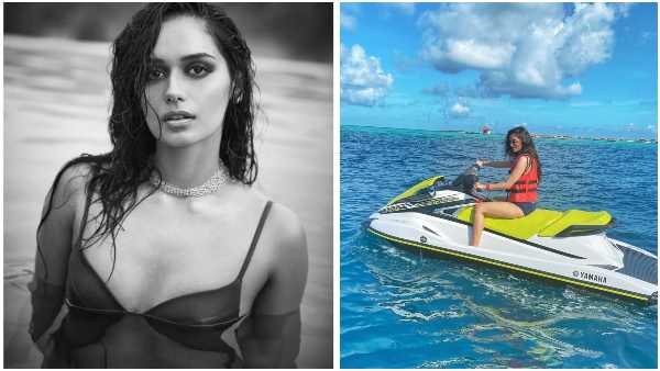 Manushi chhillar poses in a blue bikini in the Maldies