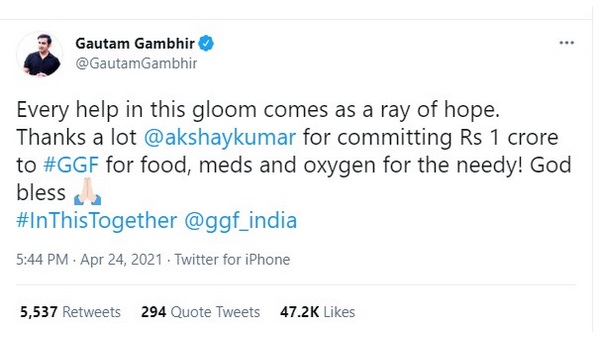 Akshay Kumar Donated 1Cr to Gautam Gambhir Foundation