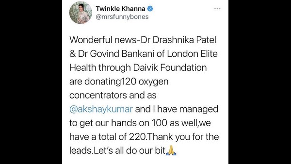 Akshay Kumar and Twinkle Khanna donate 100 oxygen concentrator to help COVID-19 patients