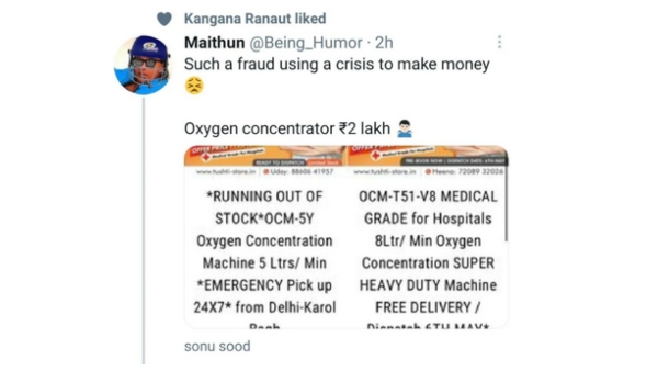 Kangana Ranaut likes tweet like calling Sonu Sood fraud