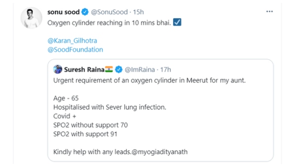 Sonu Sood helps Suresh Raina by Arranging oxygen cylinder for his Aunt