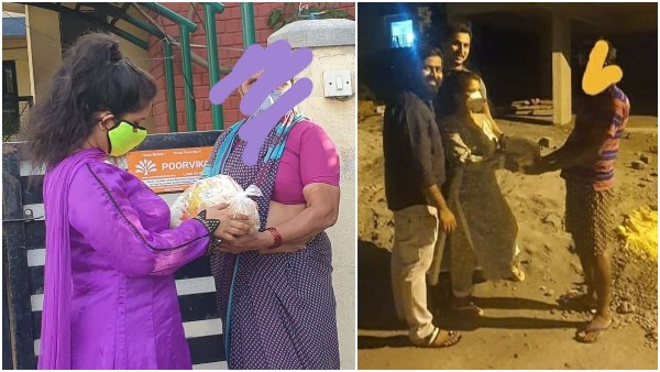 Shubha Poonja distributes food for needy people in her village