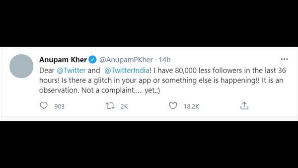 Bollywood Actor Anupam Kher lost 80000 followers in 36 hours on Twitter