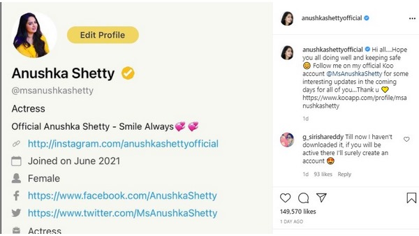 Anushka Shetty Joins Koo and Sends Message to her Fans