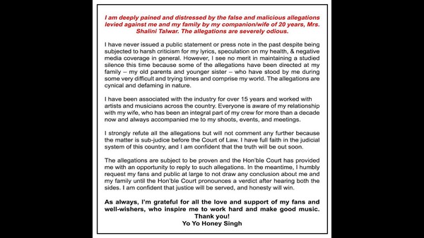 Yo Yo Honey Singh React over his wife’s allegations against him