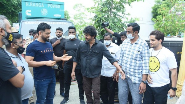 M.S Dhoni meets Tamil Actor Vijay in Beast Set in Chennai M.S Dhoni meets Tamil Actor Vijay in Beast Set in Chennai