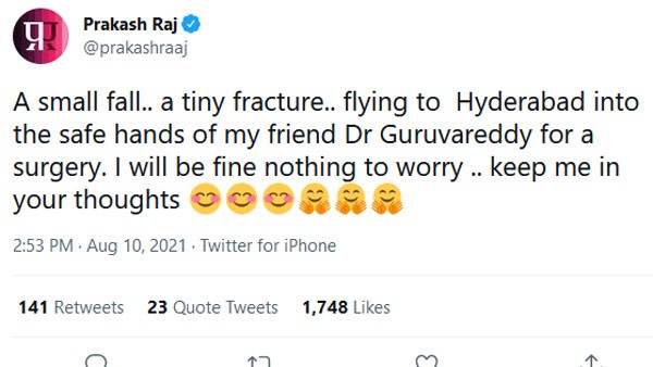 Prakash Raj met with an accident at Dhanushs Thiruchitrambalam shoot 