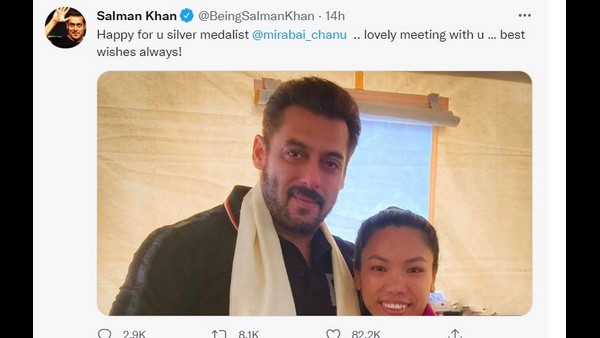Olympian Mirabai Chanu meets Bollywood Actor Salman Khan in Mumbai