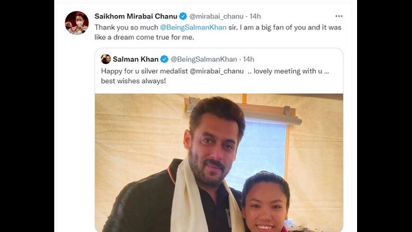 Olympian Mirabai Chanu meets Bollywood Actor Salman Khan in Mumbai