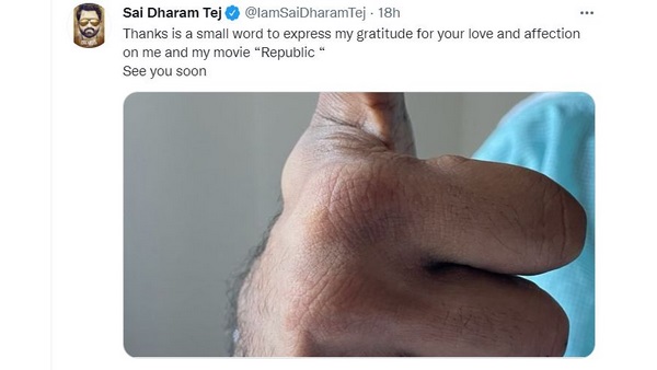 Sai Dharam tej gives thumbs up from hospital, shares first post after accident