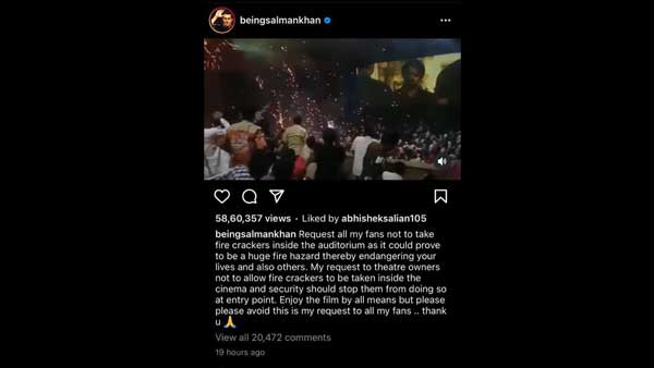 Salman Khan requests fans not to burst firecracker in theaters.
