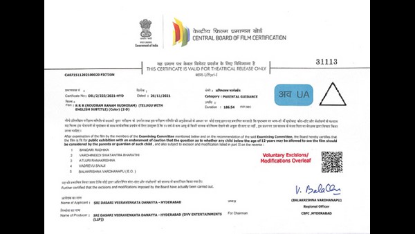 RRR ಚಿತ್ರಕ್ಕೆ U/A ಸರ್ಟಿಫಿಕೇಟ್