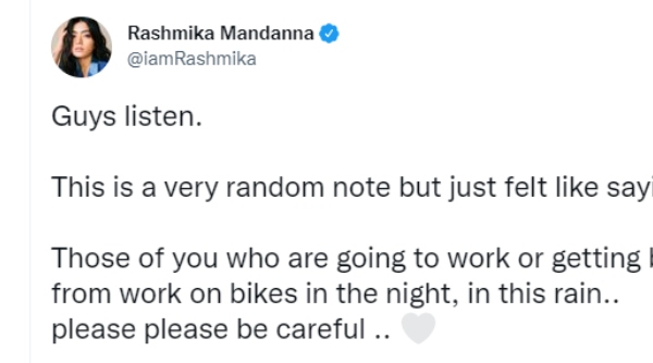 ಮಳೆಯಲ್ಲಿ ಎಚ್ಚರ: ರಶ್ಮಿಕಾ ಟ್ವೀಟ್!