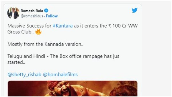 ಬಾಕ್ಸಾಫೀಸ್‌ನಲ್ಲಿ 100 ಕೋಟಿ ದೋಚಿದ 'ಕಾಂತಾರ' 