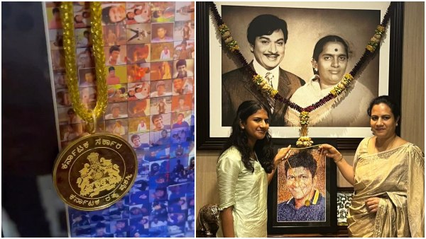 Ashwini And Daughter Vandita Hold Karnataka Ratna In Front Of Puneeth Photo Ashwini And Daughter Vandita Hold Karnataka Ratna In Front Of Puneeth Photo