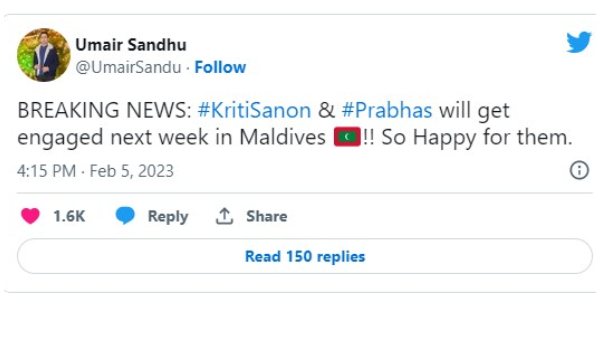 Prabhas And Kriti Sanon Engagement News By Umair Sandhu Netizen Goes Wrong 