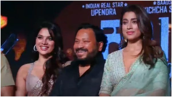 Shriya Saran And Tanya Hope Making Fun Of Director R Chandru In Kabzaa Pre Release Event In Bengaluru 