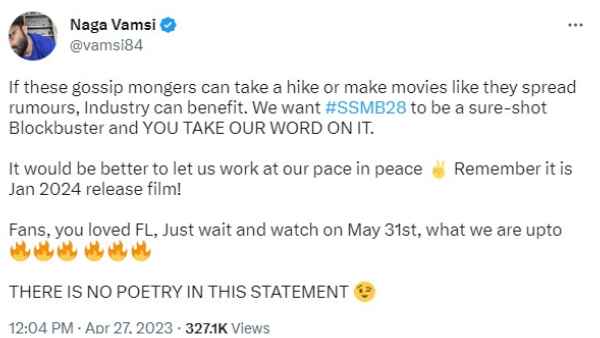 Mahesh babu and Trivikram Srinivass SSMB28; Producer Naga vamshi lashes out at gossip mongers