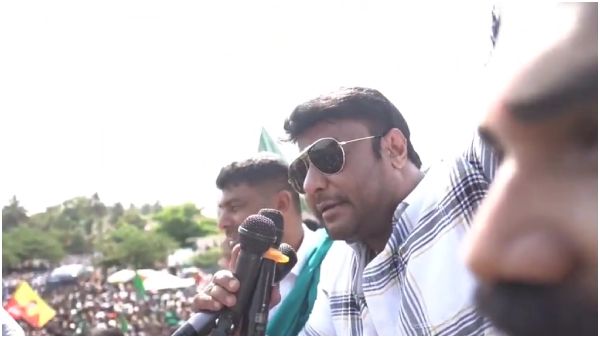 Darshan revealed Kaatera movie story during the Darshan Puttannaiah Campaign Darshan revealed Kaatera movie story during the Darshan Puttannaiah Campaign