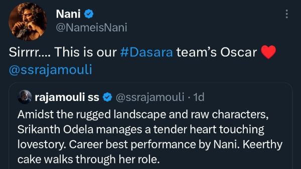 Rajamouli watched and praised Dasara movie and Nani calls it as Oscar Rajamouli watched and praised Dasara movie and Nani calls it as Oscar