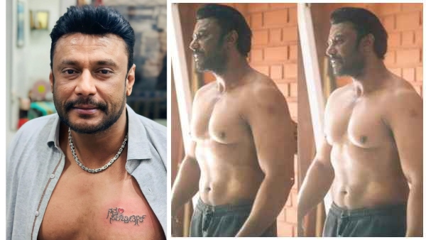 Kaatera Actor Darshan unbottons his shirt to show off is Nanna Preethiya celebrities tattoo 